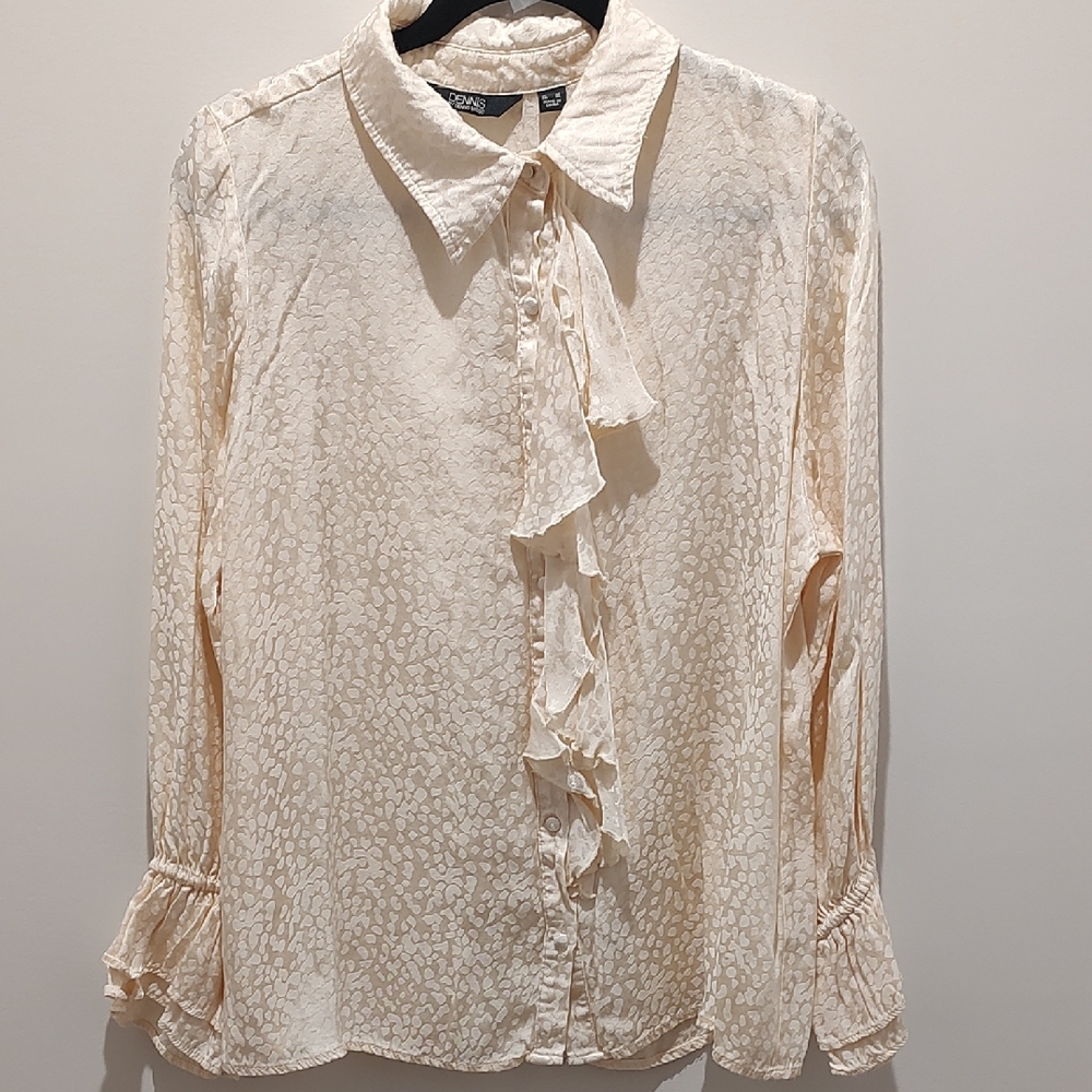 Jacquard Cream Ruffle Blouse Long-Sleeve Preppy Flowy Soft Feminine Equestrian